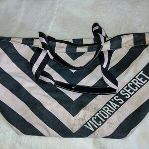 Victoria's Secret Black and Cream Tote Bag with Striped Design